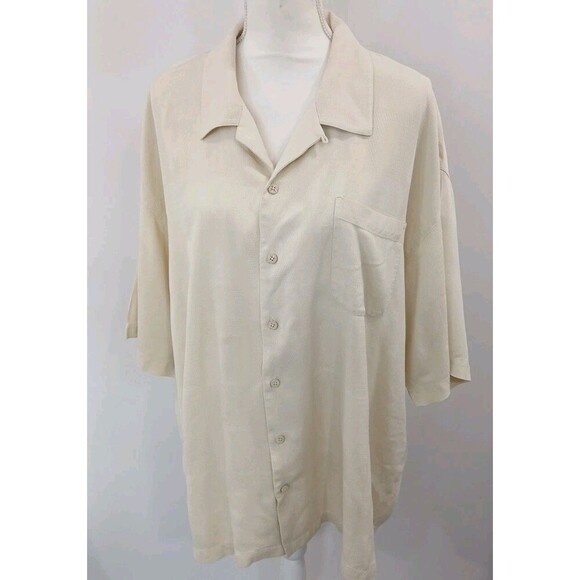 Tommy Bahama 100% Silk Beige Stitch Shirt Short Sleeve Pocket Size XXL - Picture 1 of 7